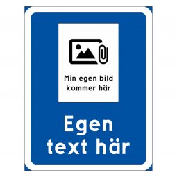 skylt med egen bild och text, egen design på skylt, skylt med alla hundraser, hundras skylt eget foto blå/vit