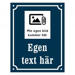 skylt med egen bild och text, egen design på skylt, skylt med alla hundraser hundras skylt eget foto mörkblå