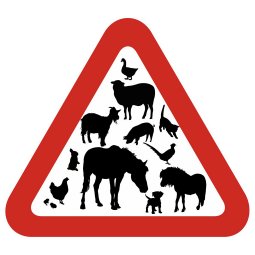 Varningstriangel NORSK hest, shettlandsponni, geiter, høner, gås, gris, kanin, sau, fasan, liten hund og katt norsk skylt i sver