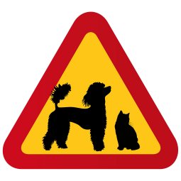 varningsskylt med hund pudel katt