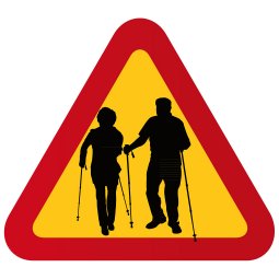 Aktiva pensionärer med gåstavar varning för rolig skylt