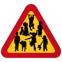 Många barn och hundar P837963 varningstriangel happyprint roliga skyltar vägskylt med eget tryck