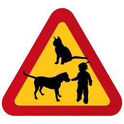 varningsskylt flicka medLiten flicka, stor hund & katt