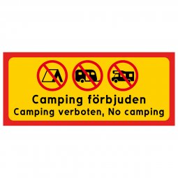 Skylt Camping förbjuden 3 olika språk Camping verboten no camping ingen camping skylt