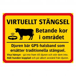 Skylt för virtuellt stängsel med GPS-halsband och betande kor i området