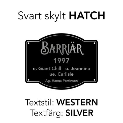 Boxskylt svart form "HATCH" (olika textstilar och färger)