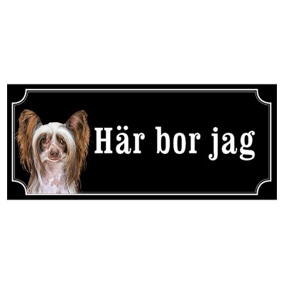 Chinese crested dog brun hundskylt gammaldags stil emaljskylt hund