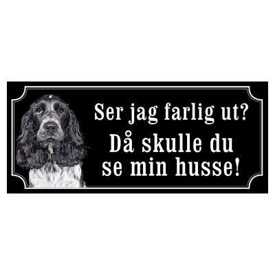 Cocker spaniel svart/grå hundskylt gammaldags stil emaljskylt hund