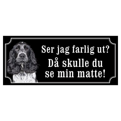 Cocker spaniel svart/grå hundskylt gammaldags stil emaljskylt hund