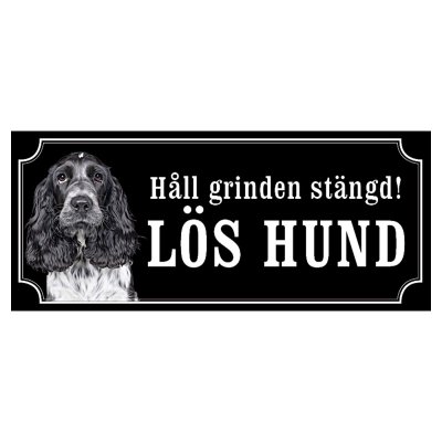 Cocker spaniel svart/grå hundskylt gammaldags stil emaljskylt hund