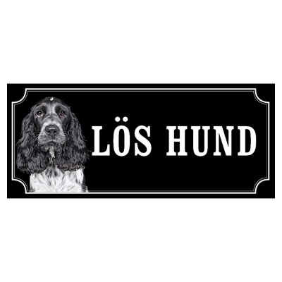 Cocker spaniel svart/grå hundskylt gammaldags stil emaljskylt hund