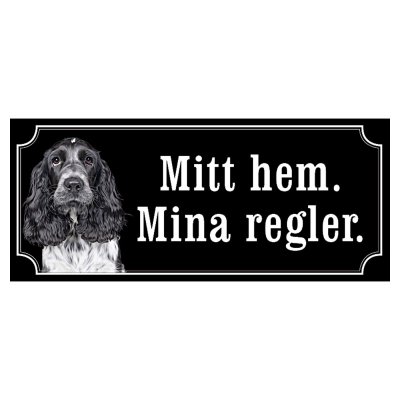 Cocker spaniel svart/grå hundskylt gammaldags stil emaljskylt hund