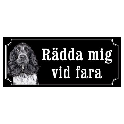 Cocker spaniel svart/grå hundskylt gammaldags stil emaljskylt hund