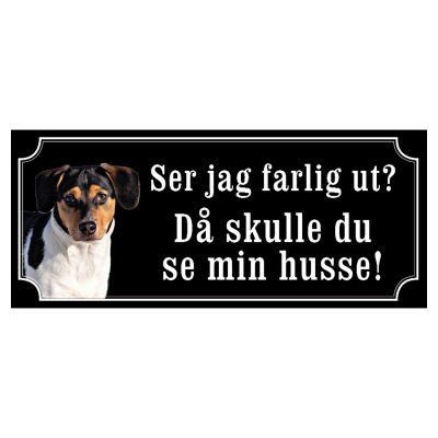 Dansksvensk gårdshund svart/vit hundskylt gammaldags stil emaljskylt hund