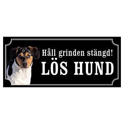 Dansksvensk gårdshund svart/vit hundskylt gammaldags stil emaljskylt hund