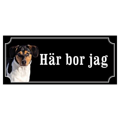 Dansksvensk gårdshund svart/vit hundskylt gammaldags stil emaljskylt hund