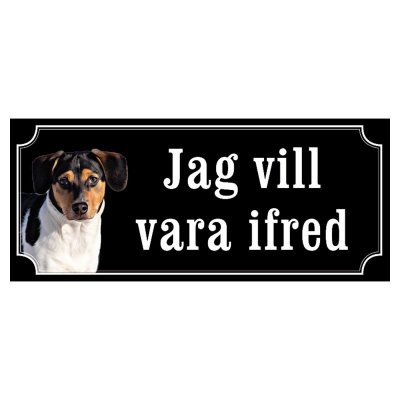 Dansksvensk gårdshund svart/vit hundskylt gammaldags stil emaljskylt hund