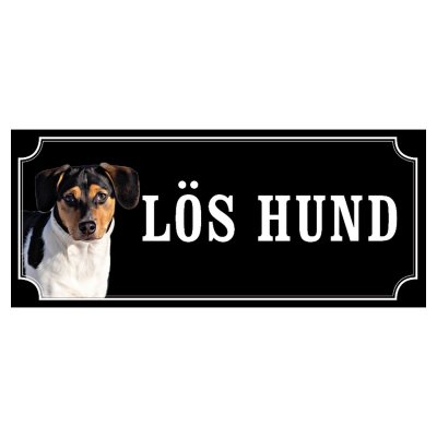 Dansksvensk gårdshund svart/vit hundskylt gammaldags stil emaljskylt hund