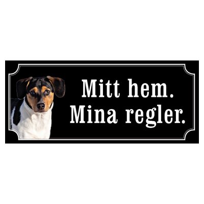 Dansksvensk gårdshund svart/vit hundskylt gammaldags stil emaljskylt hund