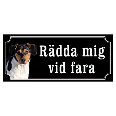 Dansksvensk gårdshund svart/vit hundskylt gammaldags stil emaljskylt hund