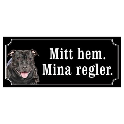 Staffordshire terrier helsvart gammaldags stil emaljskylt hund