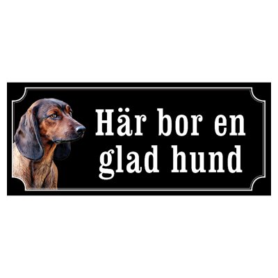 Bayersk viltspårhund hundskylt gammaldags stil emaljskylt hund Här bor en glad hund