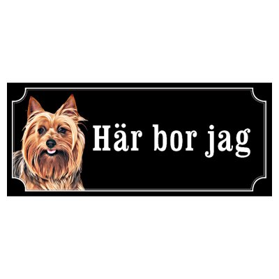 Australist terrier hundskylt gammaldags stil emaljskylt hund Här bor jag