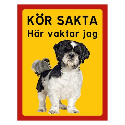 Röd/gul hundskylt, Shi-tzu hundskyltar, hundskyltar 175x225 mm