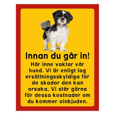 Röd/gul hundskylt, Shi-tzu hundskyltar, hundskyltar 175x225 mm