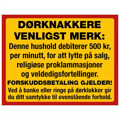 P1367253 dörrknackare DØRKNAKKERE VENLIGST MERK (norsk) notera dörrförsäljning säljare debiterar påbörjat förskott knacka på 500