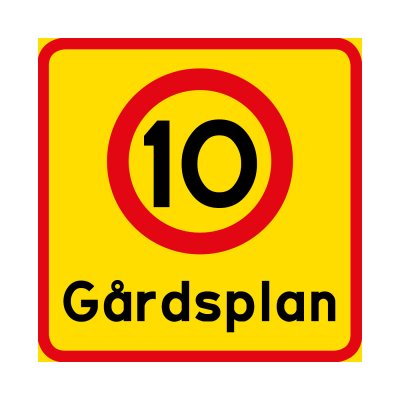 Gårdsplan med hastighetssiffra (5,10,15,20,30) skylt för gården kör ej genom gården kör sakta max 10