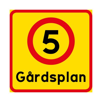 Gårdsplan med hastighetssiffra (5,10,15,20,30) skylt för gården kör ej genom gården kör sakta max 5 km