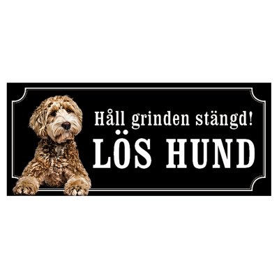 skylt ljusbrun labradoodle håll grinden stängd lös hund