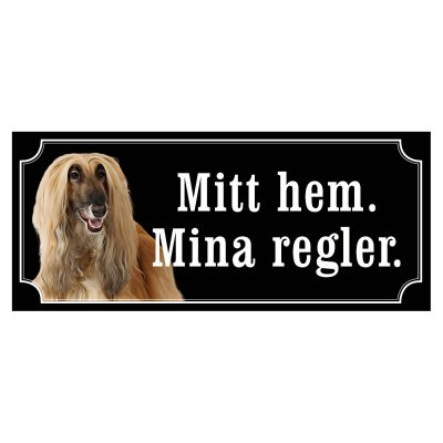 Skylt afganhund - olika sorter - svart gammaldags stil skylt med afganhund varning ör hunden hundskylt mitt hem mina regler