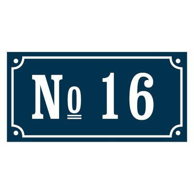 emaljskylt i blått med egen text husnummer med No framför gammaldags stil på skylt med egen text