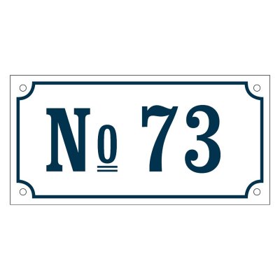 emaljskylt i vit med blå text med egen text husnummer med No framför gammaldags stil på skylt med egen text