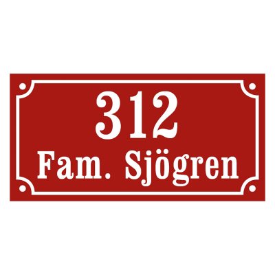 skylt med egen text och nummer gammaldags stil emaljskylt husnummer med No framför i olika färger röd-vit