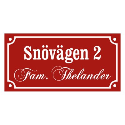 skylt med egen text två rader gammaldags stil emaljskylt i färgen röd-vit