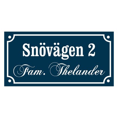 skylt med egen text två rader gammaldags stil emaljskylt i färgen blå-vit