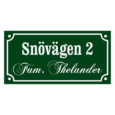 skylt med egen text två rader gammaldags stil emaljskylt i färgen grön-vit