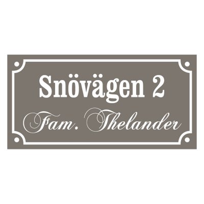 skylt med egen text två rader gammaldags stil emaljskylt i färgen beige/grå-vit