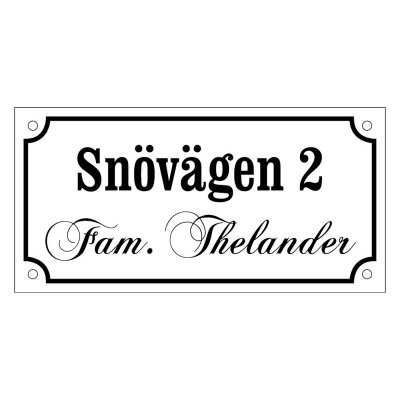 skylt med egen text två rader gammaldags stil emaljskylt i färgen vit-svart