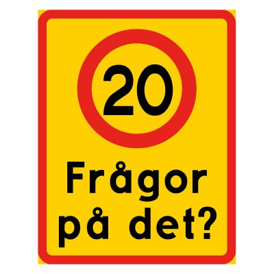 Hastighetsskylt med texten, frågor på det?