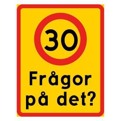 Hastighetsskylt med texten, frågor på det?