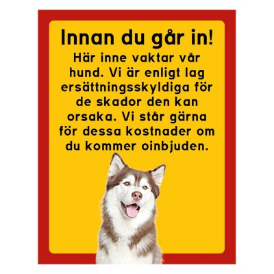 Röd/gul hundskylt, Siberian husky, hundskyltar