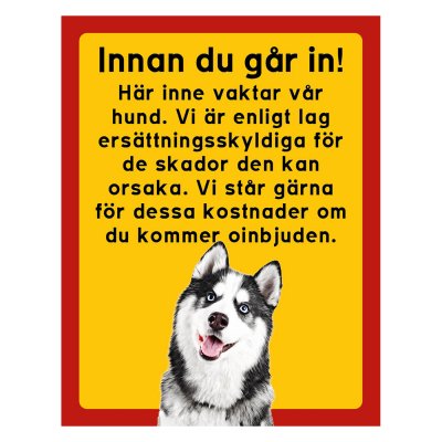 Röd/gul hundskylt, Siberian husky, hundskyltar