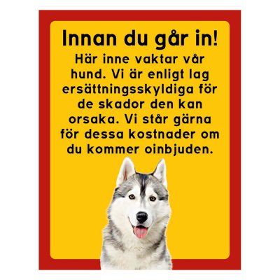 Röd/gul hundskylt, Siberian husky, hundskyltar