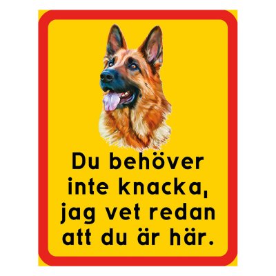 Schäfer, hundskyltar, gul/röd, du behöver inte knacka