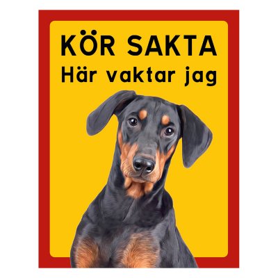 Röd/gul hundskylt, Pinscher,