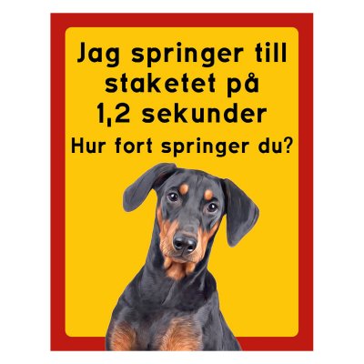 Röd/gul hundskylt, Pinscher,